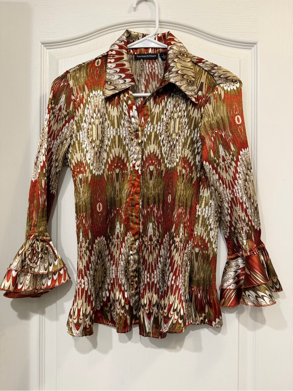 Essentials by Milano Red Olive Cream Patterned Pleated Button-Down Top